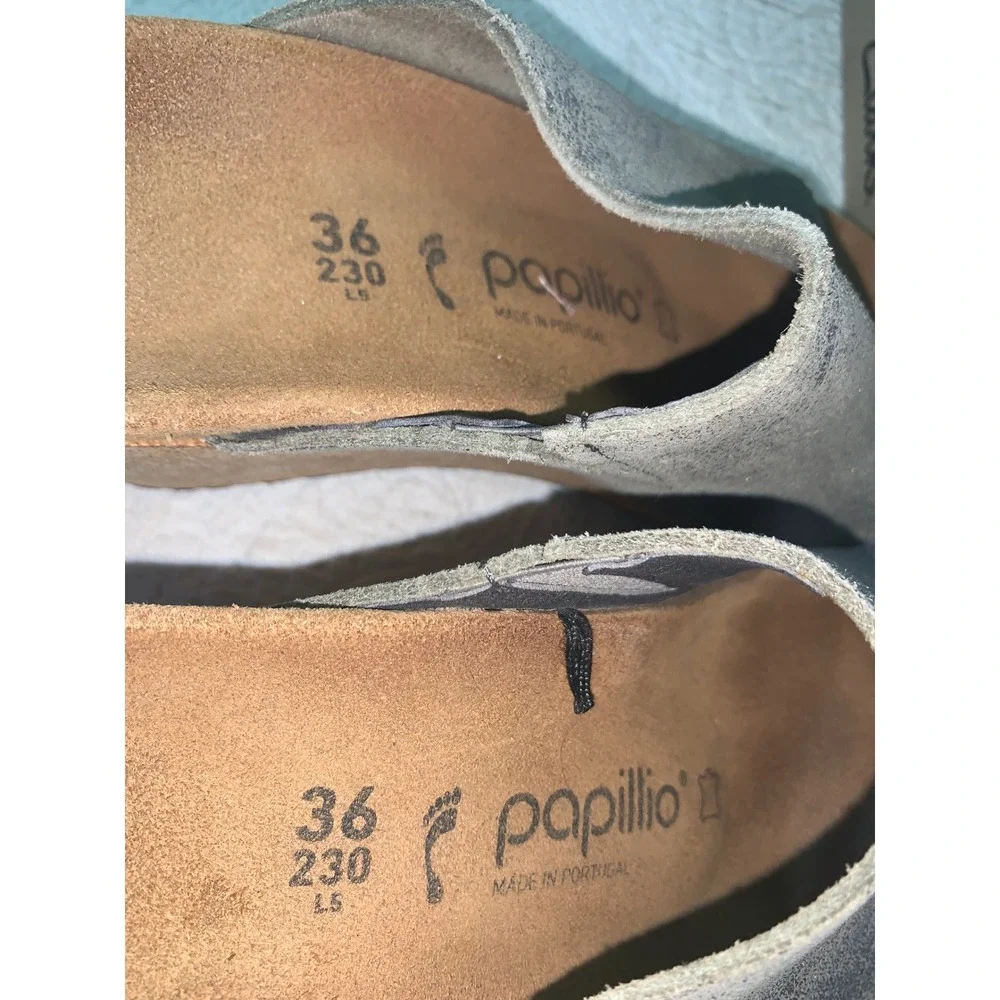 Papillio by Birkenstock Namica Metallic Silver Grey Suede Cork Wedge Sandals 36
